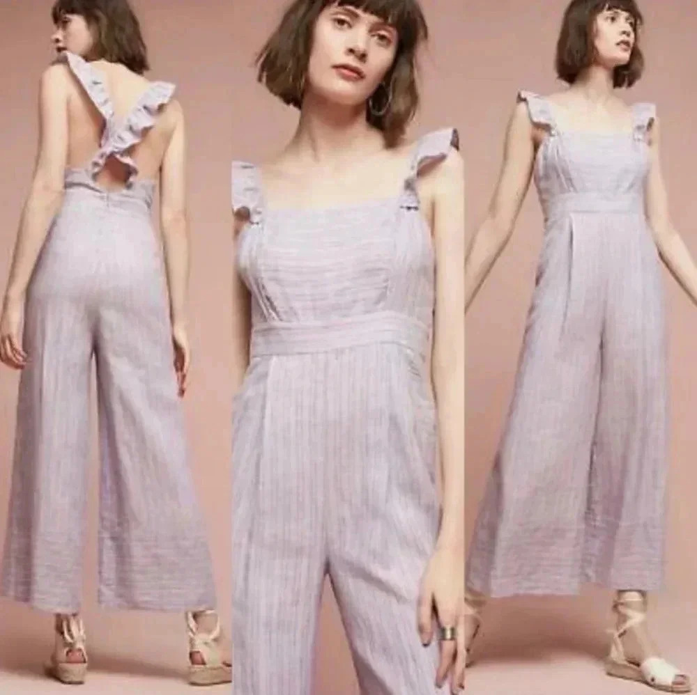 Anthropologie Elevenses Linen Nantucket Ruffle Wide Leg Striped Jumpsuit(0)